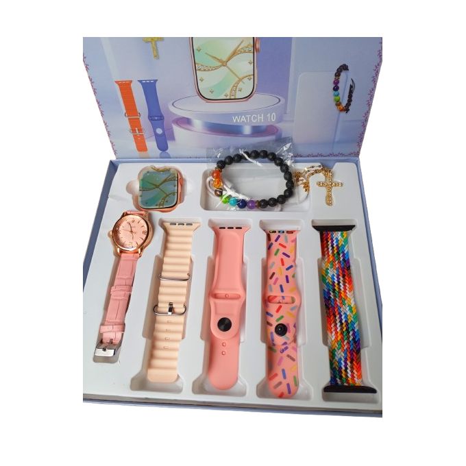 I-520 Mini Smart Watch 10: Pink Bangle, Smart Analog Wristwatch, Gold Necklace, Beaded Bracelet, and Strap