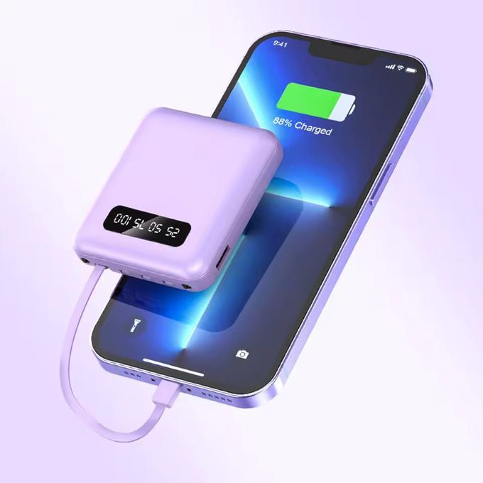 Compact Digital Power Bank – Battery Charger with Four Cables – 20000 mAh – Purple