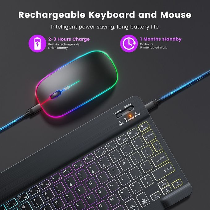 Wireless Bluetooth Keyboard and Mouse Set with Rechargeable Battery and Backlit Silent Design