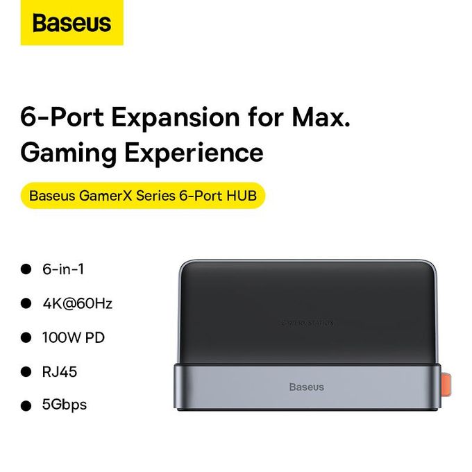 Baseus GamerX Series 6-Port Type-C Hub in Space Grey – Type-C to HDMI 4K 60Hz (1), USB 3.0 (3), PD (1), RJ45 (1)