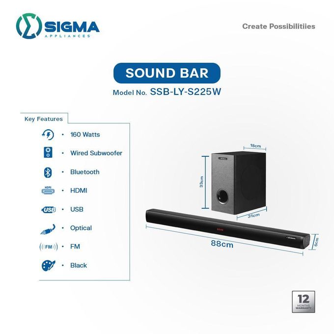 Sigma SSB-LY-S225W 160W Wired Sound Bar with Subwoofer, Bluetooth, HDMI, USB, and FM – Black