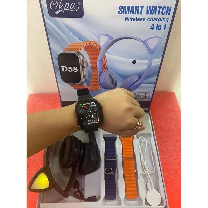 D58 4-in-1 Smart Watch Combo with Wireless Charging and Cat Ear Headphones