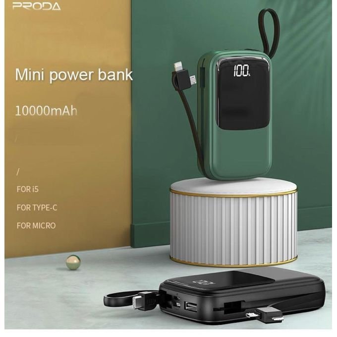 ALL BLACK Mini Power Bank With 3 inbuilt Cables – 10000mAh