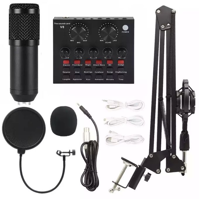 Black Studio Condenser Microphone Kit with V8 Sound Card for Professionals