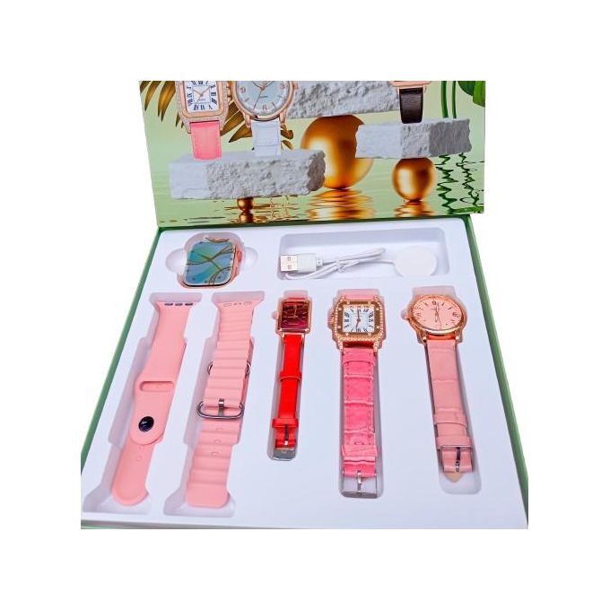 I-530 Smart Watch Bundle with 3 Pink Quartz Leather Watches for Women