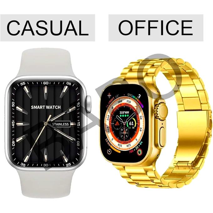 H39 Ultra 2 Smart Watch Deluxe Set: 12-in-2 Package with 2 Chargers, Earbuds, and 7 Straps – Gold — product view 4