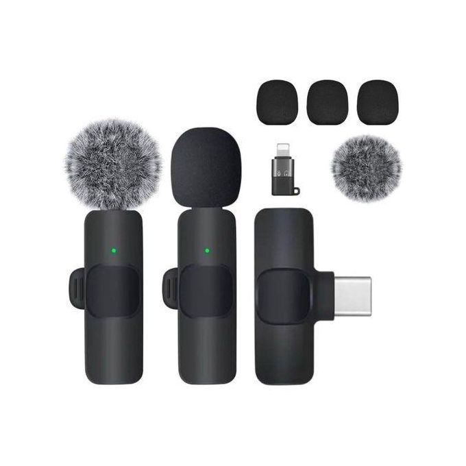Dual Type-C Wireless Lapel Microphone for iPhone and Android + iOS + Windshield Adapter