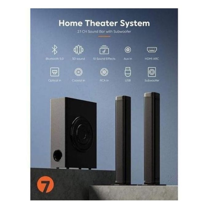 Advance Media 9000W 7.1 Channel Soundbar with Subwoofer, FM Radio, USB, and Bluetooth – Black