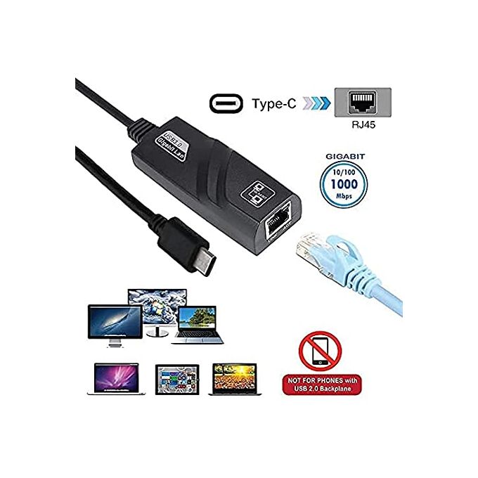 Black USB 3.0 Type-C Ethernet LAN Adapter – 10/100/1000Mbps Network Converter