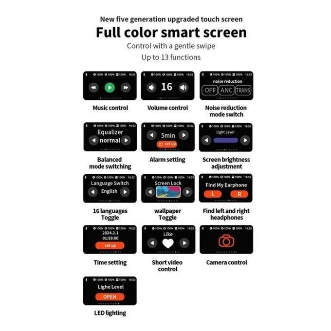Wireless Bluetooth A9PRO In-Ear Smart Headphones with Screen, Featuring Active Noise Cancellation (ANC), Environmental Noise Cancellation (ENC) for Calls, and Bluetooth 5.4 in…