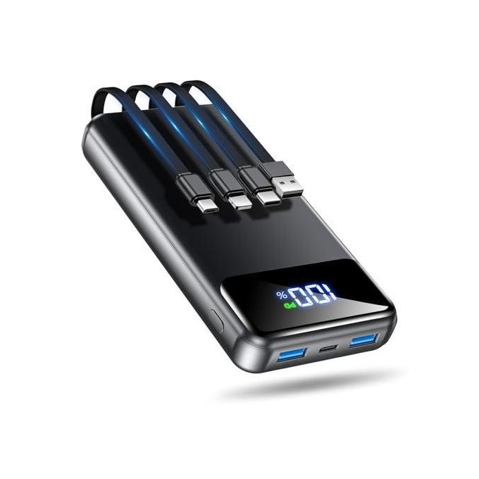 4-in-1 Ultra-Slim 20000mAh (74Wh) Portable Power Bank with Integrated USB, Type-C, Micro-USB, and Lightning Cables, Dual Input (Micro USB & Type-C), LED Display, Fast Charging -...