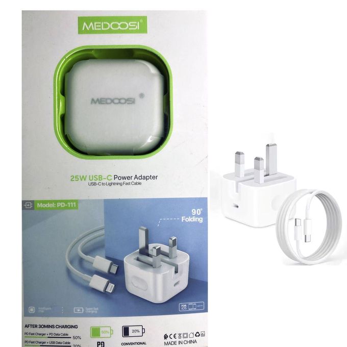 25W Fast Charging Adapter and Type C Cable for iPhones - White