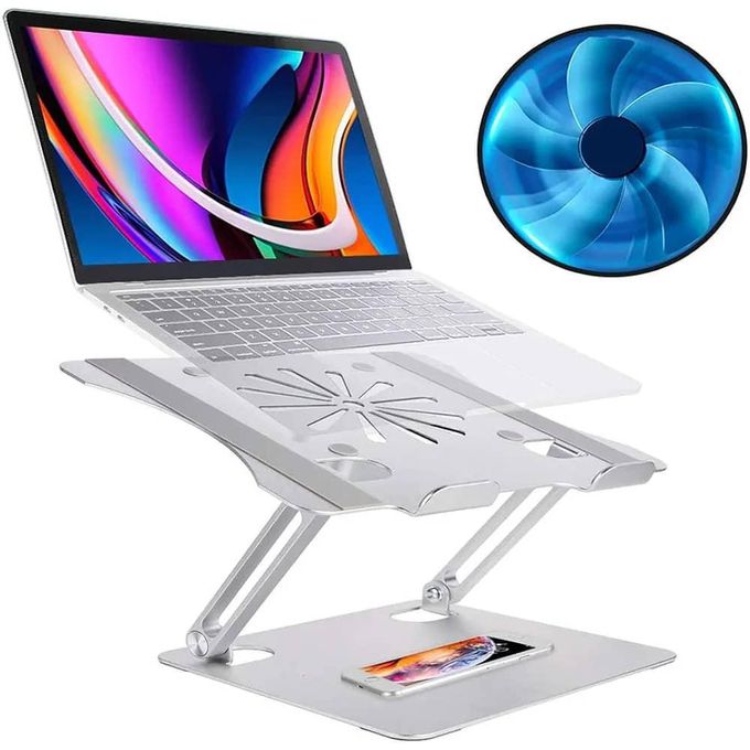 Foldable Adjustable Aluminum Alloy Laptop Stand with Cooling Fan – Non-Slip Holder for 10-17.3 inch Laptops – Silver — product view 2
