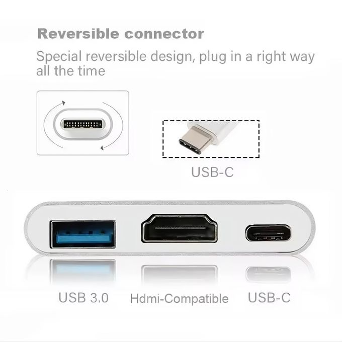 3-in-1 USB-C to HDTV Adapter – HDMI 4K, USB 3.0, USB-C PD in Silver