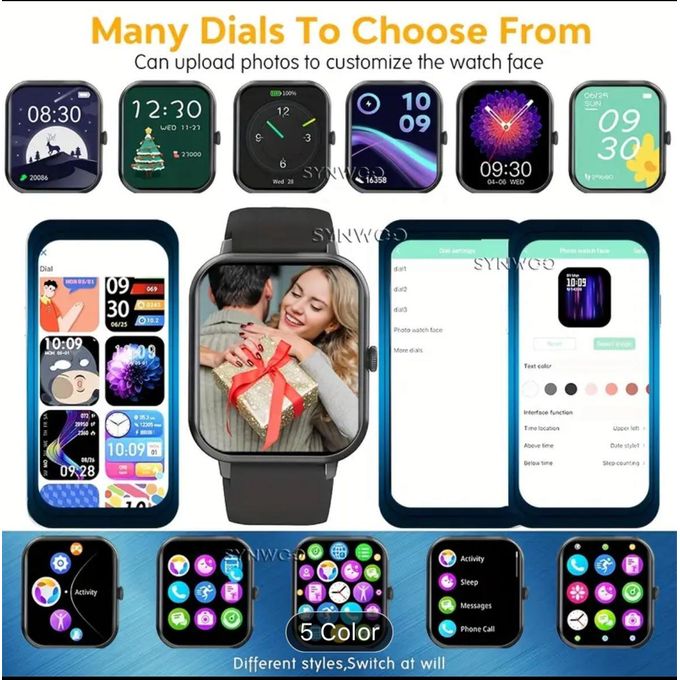 Smartwatch for iOS and Android Phones, Full Touchscreen with Call Functionality, Black with Black Silicone Strap