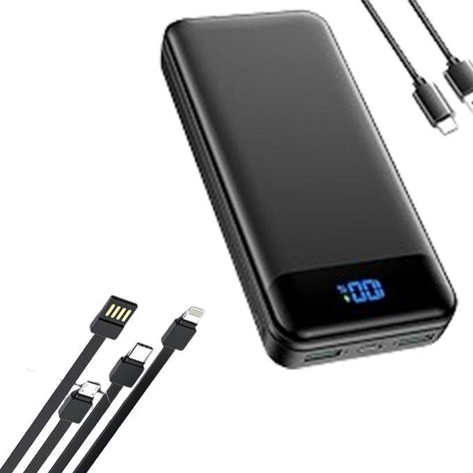 4-in-1 Ultra-Slim 20000mAh (74Wh) Portable Power Bank with Integrated USB, Type-C, Micro-USB, and Lightning Cables, Dual Input (Micro USB & Type-C), LED Display, Fast Charging -…