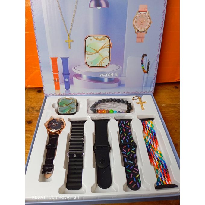 I-520 Mini Smart Watch 10: Black Bangle, Smartwatch, Analog Wristwatch, Gold Necklace, Beaded Bracelet, and Strap