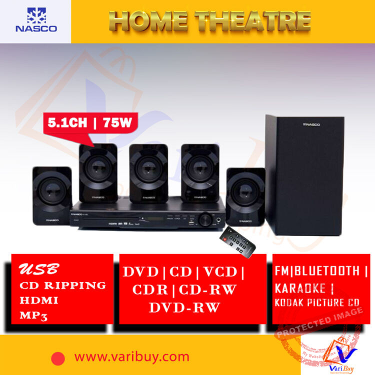 Nasco 75W 5.1 Channel Home Theater DVD & Karaoke Sound System | Bluetooth, MP3 Playback, FM Radio, USB Connectivity, Remote Control [HT-233BK]