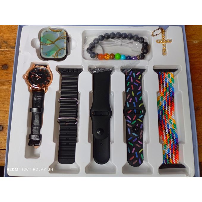 I-520 Mini Smart Watch 10: Black Bangle, Smartwatch, Analog Wristwatch, Gold Necklace, Beaded Bracelet, and Strap