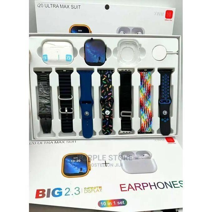 i20 Ultra MAX Suite (10-in-1 Set) SmartWatch + Aiir Pods Pro with Clear Screen Protector and Seven Stylish Straps – Black