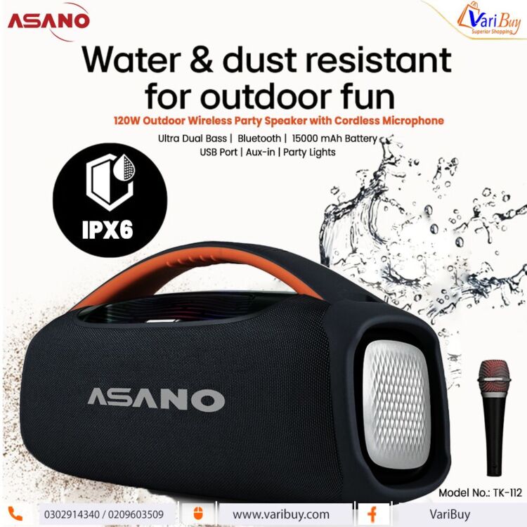 Asano 120W Outdoor Wireless Party Speaker with Cordless Microphone | Powerful Dual Bass, Bluetooth Connectivity, 15000 mAh Rechargeable Battery, USB Port, Aux Input, Party…