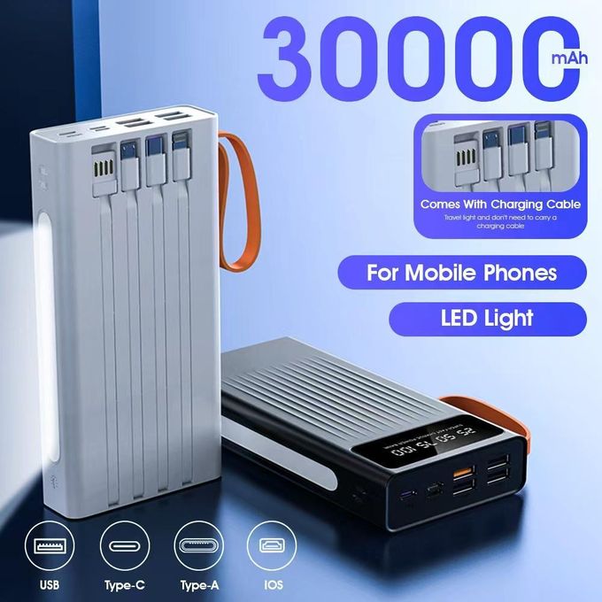 Ranvic 30000mAh Fast Charging Power Bank with LED Flashlight and Integrated 4 Cables for Quick Charging of 6 Devices – Ideal for Travel and Emergency Use