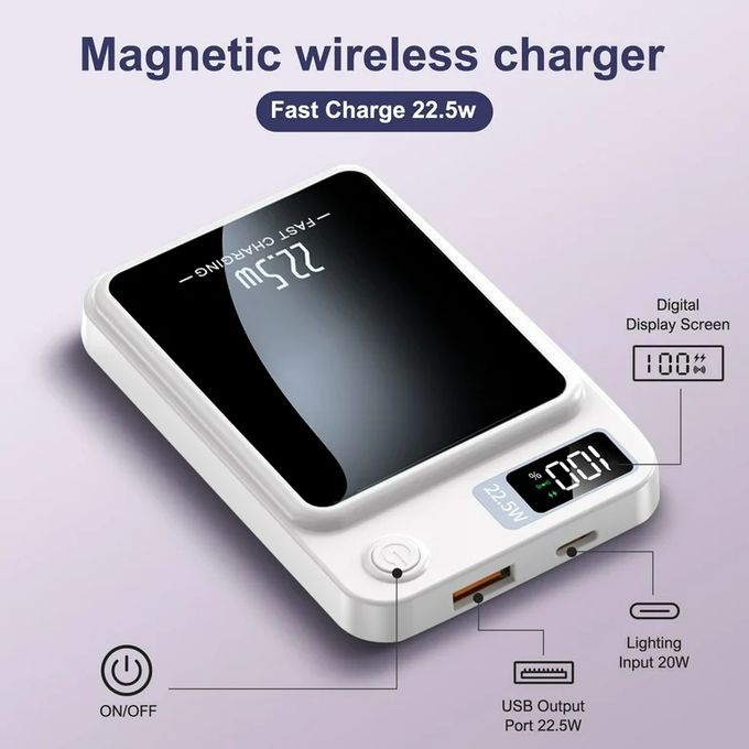 5000mAh Magnetic Wireless Power Bank – Slim and Lightweight Design, 15W Fast Wireless Charging with LED Display – White