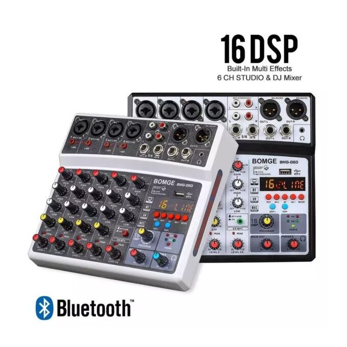 Black Portable 6-Channel Bluetooth Audio Mixer with Integrated Sound Card for PC