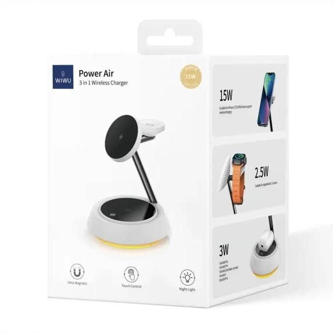 WIWU Power Air 3-in-1 Wireless Charger for Compatible Smartphones, AirPods, and Smartwatches – White
