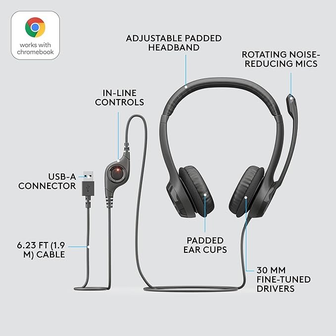 Buy Logitech H390 Wired Headset for PC/Laptop, Stereo Headphones with Noise Cancelling Microphone, USB-A, In-Line Controls, Works with Chromebook – Black in Kumasi