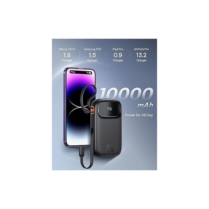 Baseus Qpow Pro 10000mAh Fast Charge Power Bank with Digital Display – 22.5W Type-C Edition, Includes Simple 0.3m Type-C 3A Charging Cable – Black