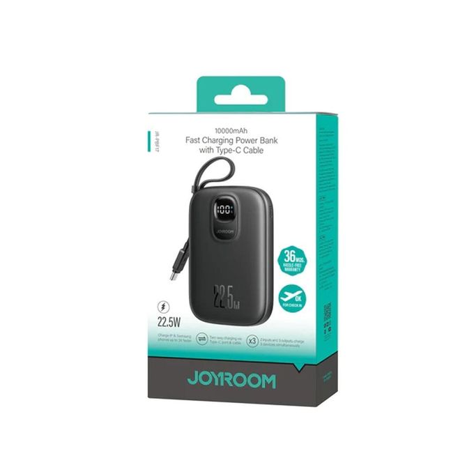 JOYROOM 10000mAh Power Bank with 22.5W Fast Charging and Integrated Type-C Cable JR-PBF17 (Dimensions: 4.3 x 2.8 x 0.8 inches) – Black
