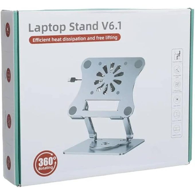 V6.1 Metal Folding Laptop Stand with Large Turbine Air-Cooling for Efficient Heat Dissipation, Adjustable Height, and 360° Swivel – Compatible with Multiple Laptop Models