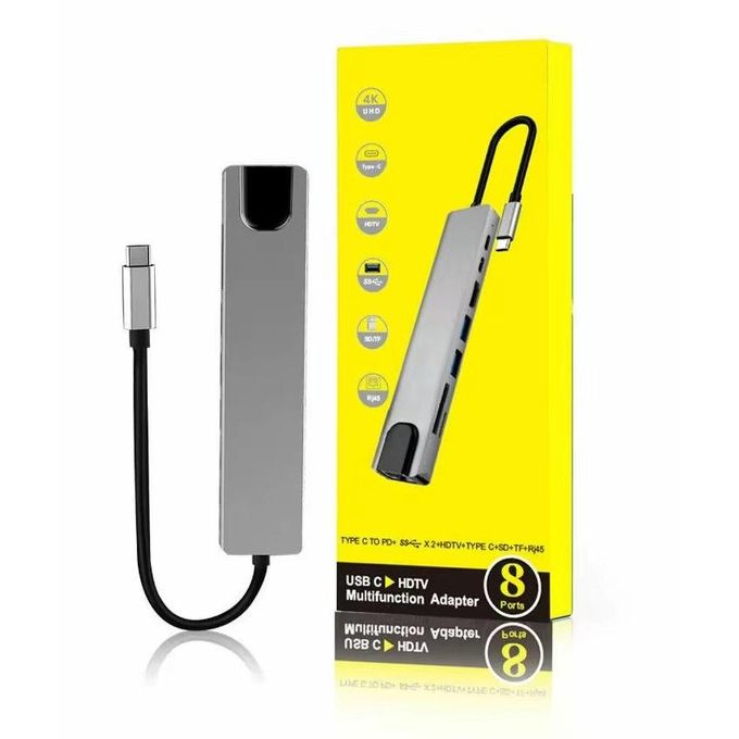 Grey 8-in-1 USB Type-C Docking Station with Multi-Port Expansion for Computers