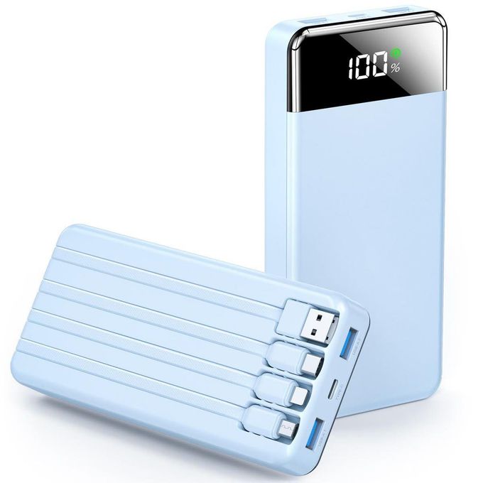 4-in-1 Ultra-Slim 20000mAh (74Wh) Portable Power Bank Featuring Integrated USB, Type-C, Micro-USB, and Lightning Cables, Dual Input (Micro USB & Type-C), LED Display, and Fast…