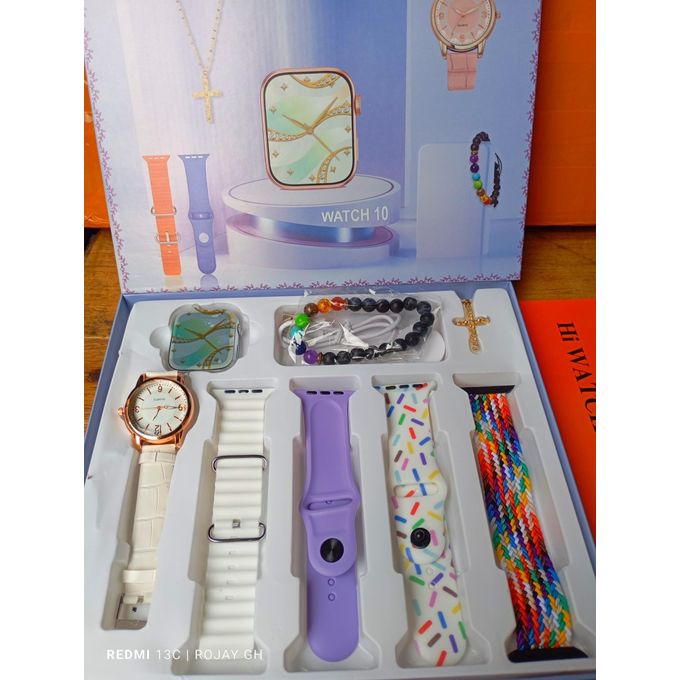 I-520 Mini Smart Watch 10, Bangle, Smart Watch, Analog Wristwatch, Gold Necklace, Beaded Bracelet, Strap – WHITE