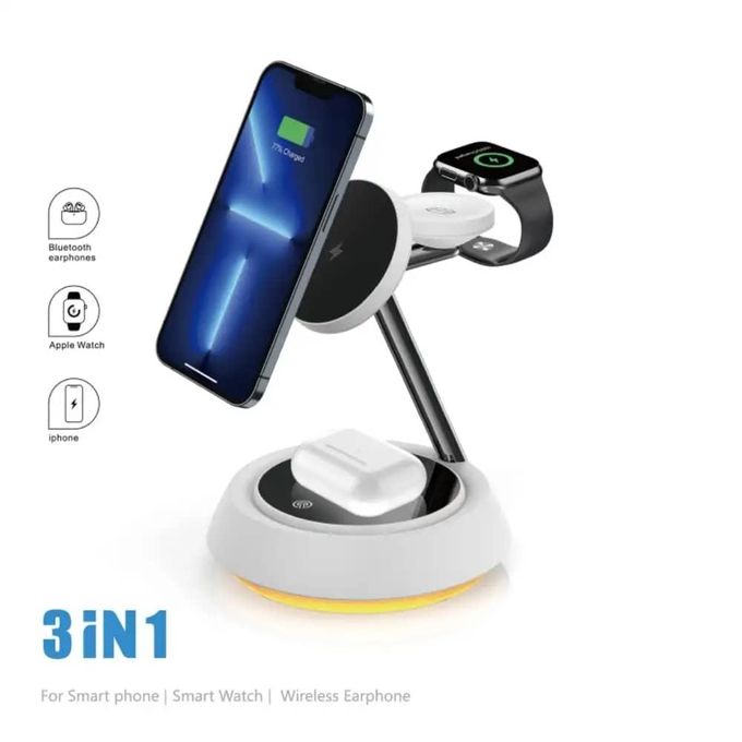 Power Air 3-in-1 Wireless Charger for Compatible Smartphones, AirPods, and Smartwatches - White