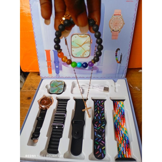 I-520 Mini Smart Watch 10: Black Bangle, Smartwatch, Analog Wristwatch, Gold Necklace, Beaded Bracelet, and Strap