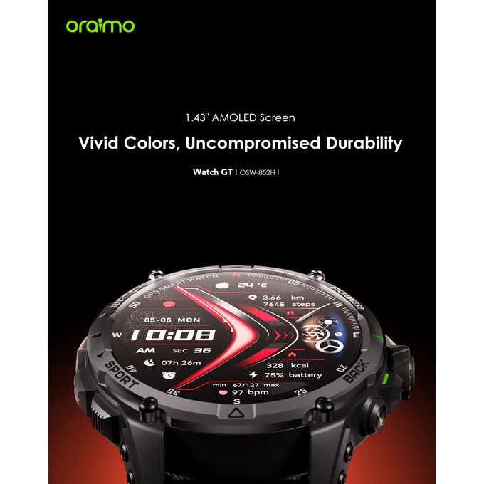 Oraimo GT Smart Watch 1.43″ AMOLED Display, 3ATM Waterproof, GPS with 2 Interchangeable Straps