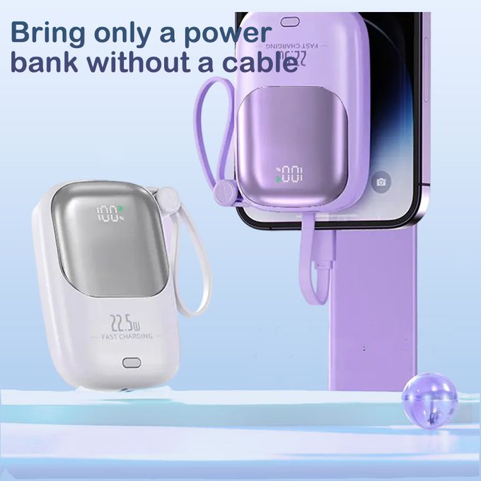 Compact 22.5W Portable Power Bank with Dual Cables and Digital Screen