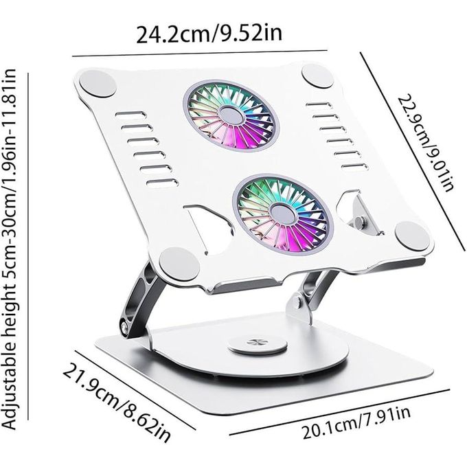 360° Adjustable Aluminum Laptop Stand with Cooling Fan, Foldable Non-Slip Holder for 10-17.3 inch Laptops - Silver