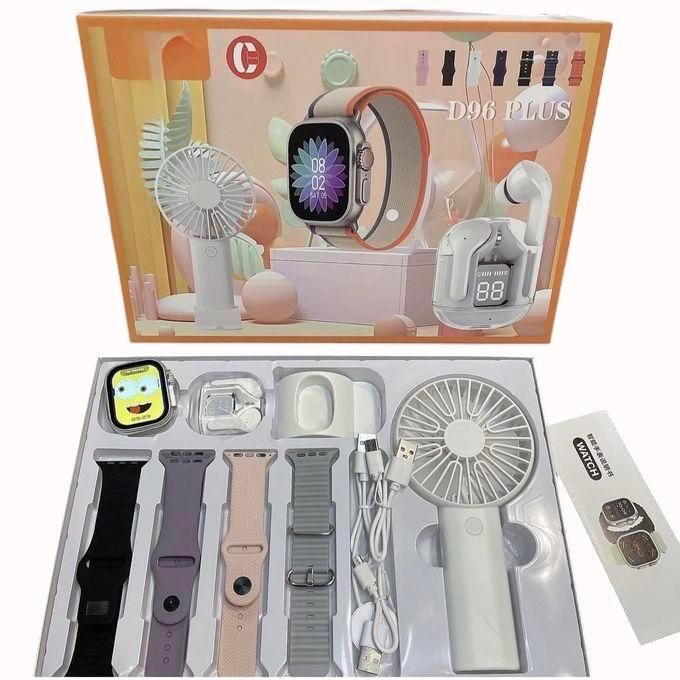 D96 Plus Smart Watch 6-in-1 Bundle Featuring Wireless Earbuds, Cooling Fan, and Various Straps
