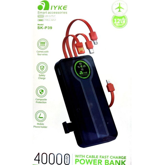 SK-P39 40,000 mAh Power Bank with Integrated Multi Charging Cables - BLACK