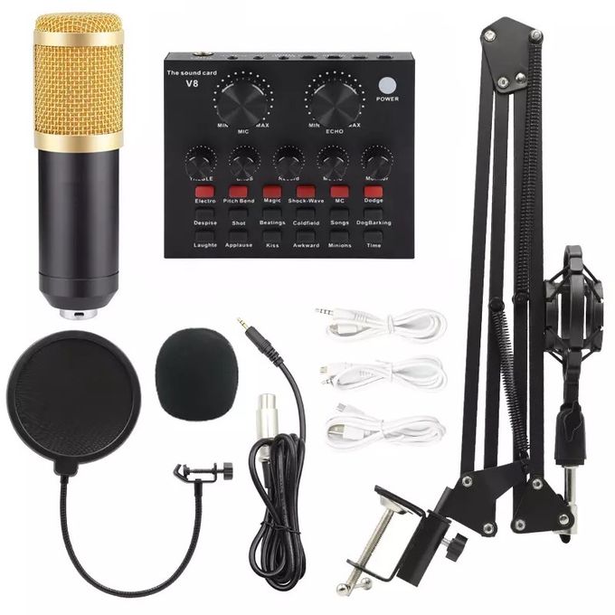 Black Studio Condenser Microphone Kit with V8 Sound Card for Professionals