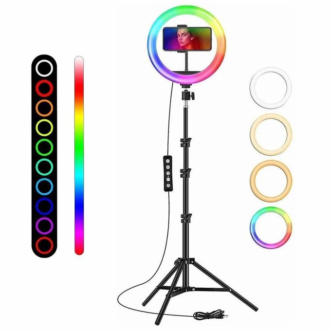 10-Inch MJ26CM RGB LED Ring Light with Tripod Stand and Phone Holder - Black