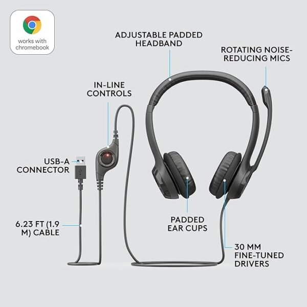 Buy Logitech H390 Wired Headset for PC/Laptop, Stereo Headphones with Noise Cancelling Microphone, USB-A, In-Line Controls, Works with Chromebook - Black in Kumasi