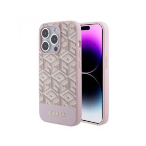 Guess Magsafe Leather Case with Gcube Stripe Pattern for iPhone 15 Promax - Pink