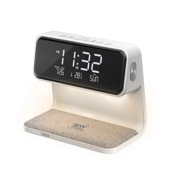 Promate LED Alarm Clock with 15W Wireless Charger, 3 Night Light modes, Dual Alarm and Snooze function