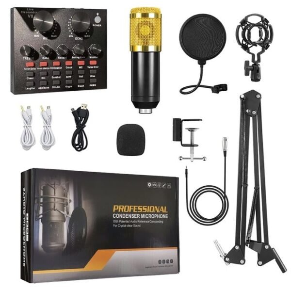 Black Professional Studio Condenser Microphone Kit with V8 Sound Card
