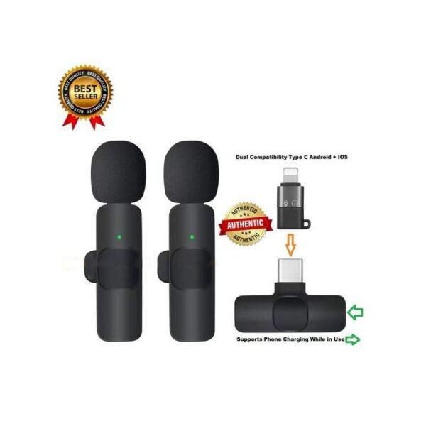 K9 Dual Wireless Lapel Microphone for Type-C Phones, Compatible with Android and iPhone + iOS Adapter